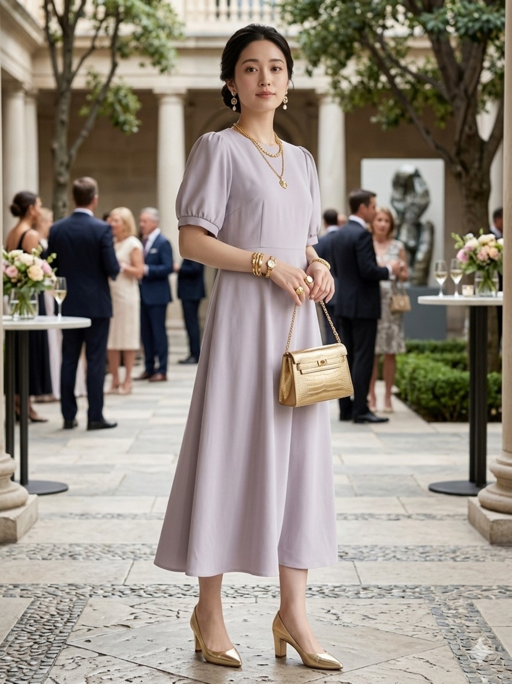 Elegant Lavender Mauve Midi Dress with Puff Sleeves And Pockets